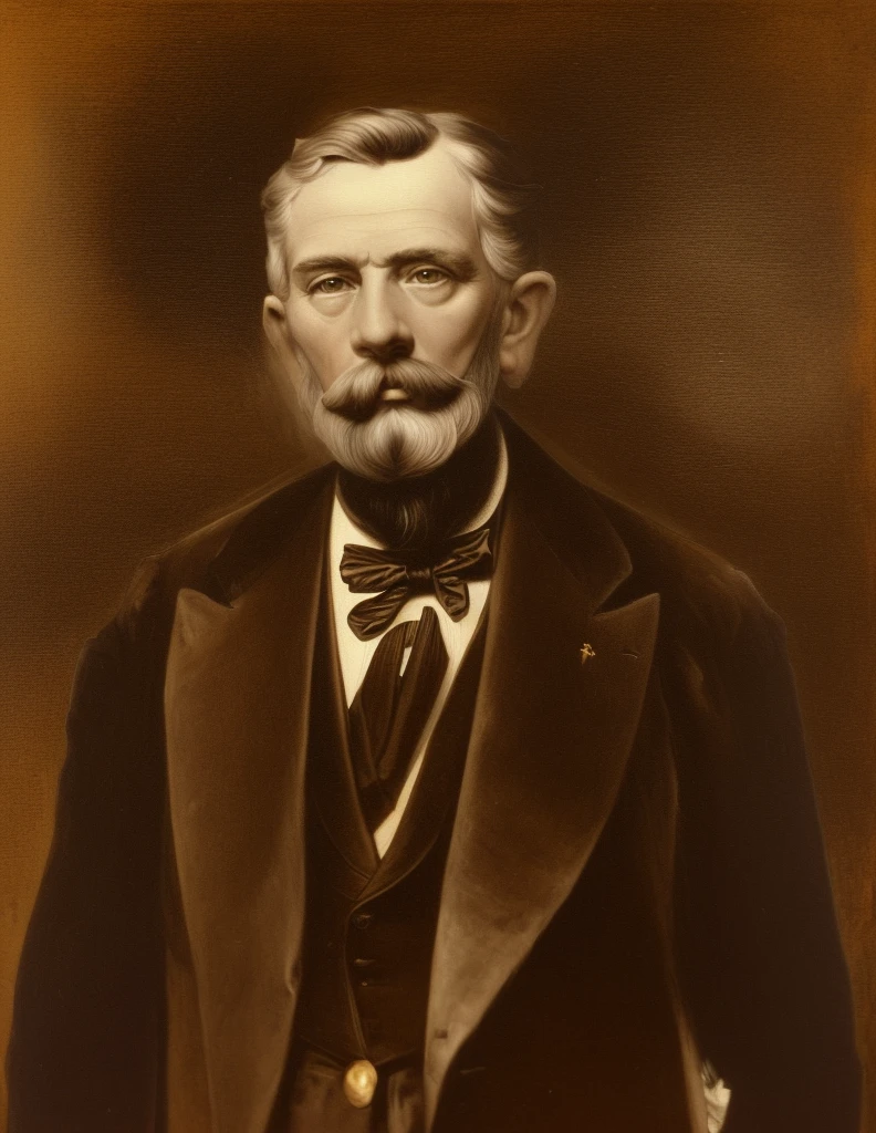 there is a painting of a man with a beard and a bow tie, artwork by Pedro Bell, inspired by Henry Ives Cobb, Junior., inspirado em John Frederick Herring, Mr.., por George Barret, Mr.., inspired por George Barret, Mr.., colorized portrait, inspirado em Henry Snell Gamley, inspirado em Samuel F. B. Morse, por George Barret