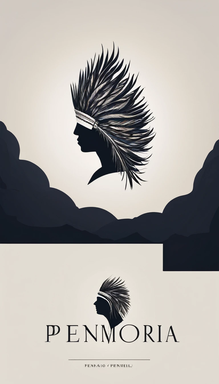 A minimal, modern, simple, cinematic logo design e of a boy with a head full of feathers for the brand “Penamemoria" .