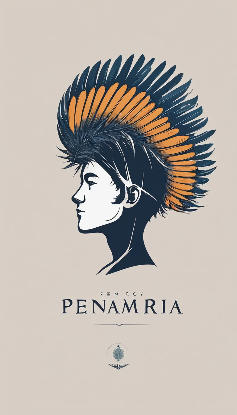 A minimal, modern, simple, cinematic logo design e of a boy with a head full of feathers for the brand “Penamemoria" .