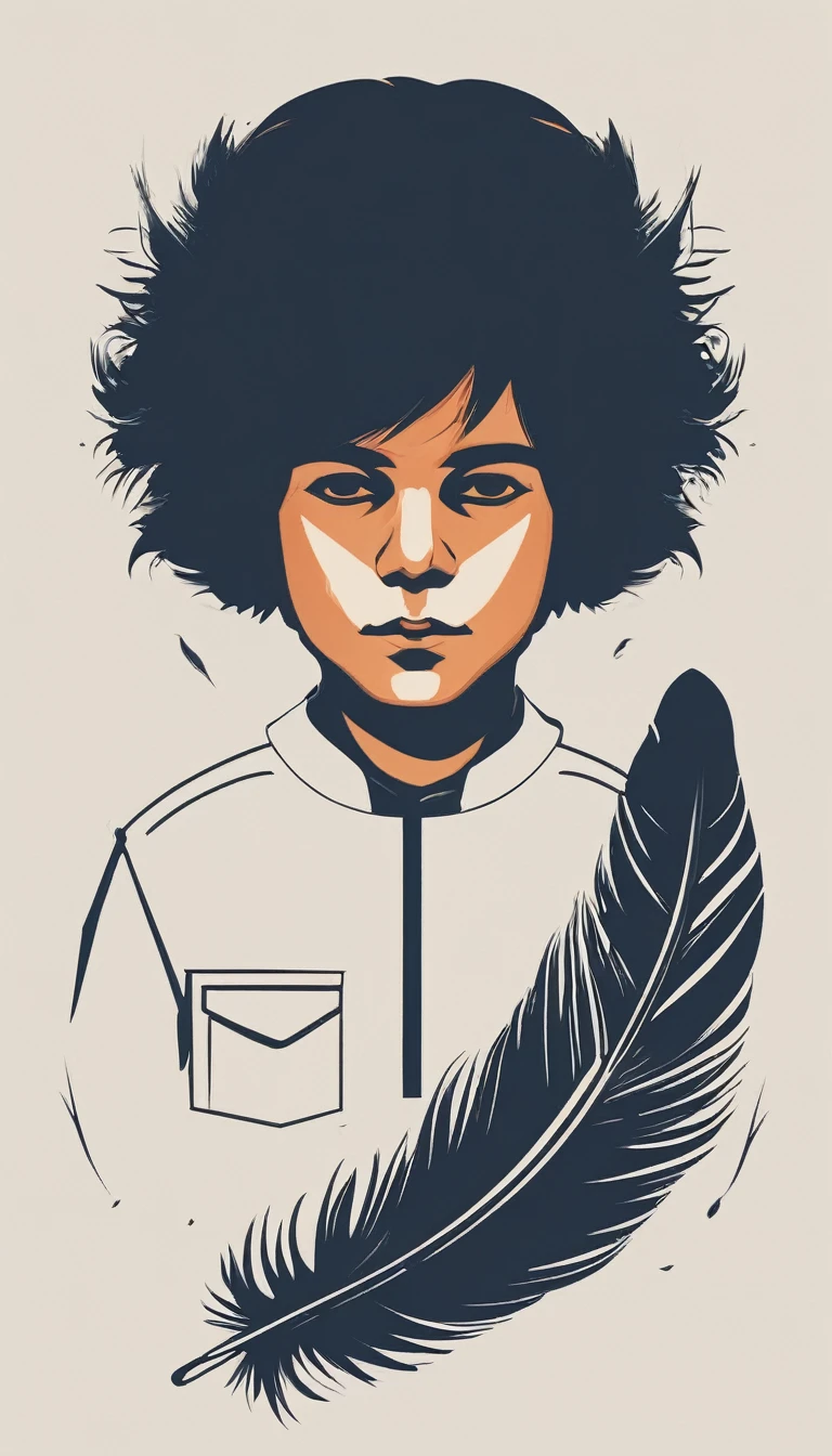 A minimal, modern, simple, cinematic logo design e of a boy with a head full of feathers for the brand “Penamemoria" .