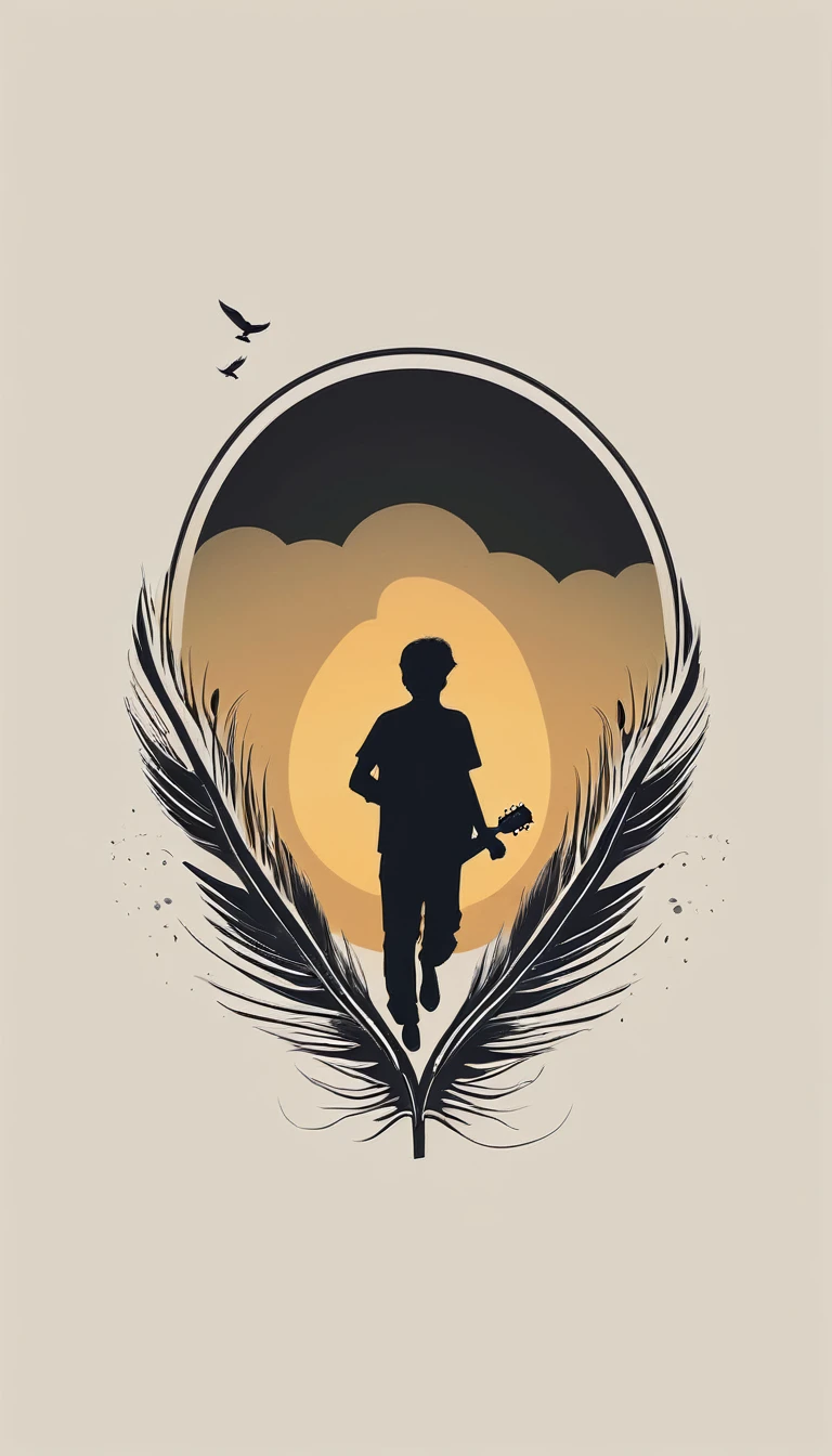 Create a modern, minimalistic logo design for a brand about music and movies called " Penamemoria". The logo must be in minimalistic style and convey a sense of storytelling. The logo is the silhouette of a boy and a bird. The boy is running with open arms, holding an acoustic guitar in the right hand and a bird feather in the left hand. Minimalistic logo design impressed on a book cover