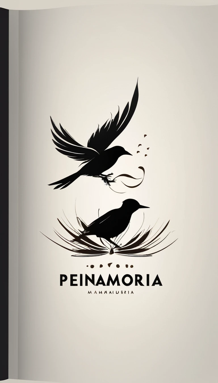 Create a modern, minimalistic logo design for a brand about music and movies called " Penamemoria". The logo must be in minimalistic style and convey a sense of storytelling. The logo is the silhouette of a boy and a bird. The boy is running with open arms, holding an acoustic guitar in the right hand and a bird feather in the left hand. Minimalistic logo design impressed on a book cover