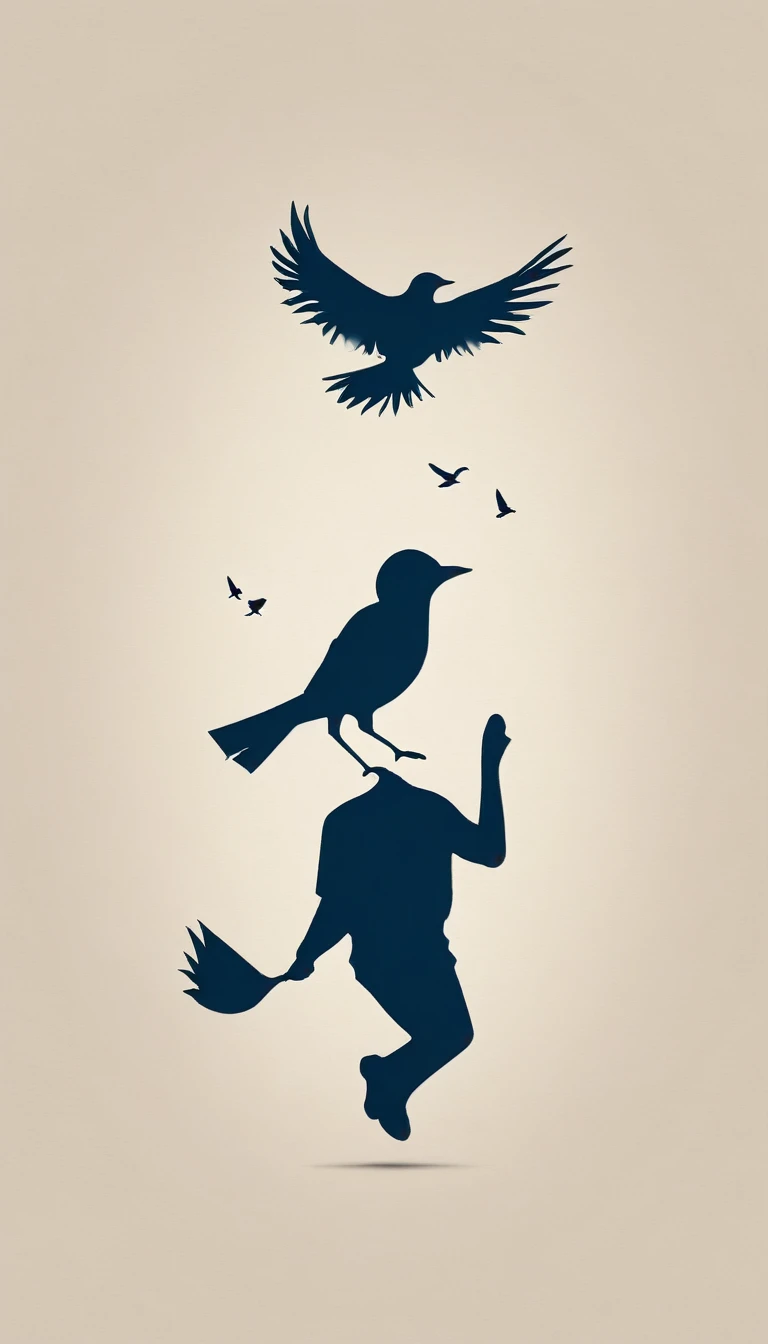 Create a modern, minimalistic logo design for a brand about music and movies called " Penamemoria". The logo must be in minimalistic style and convey a sense of storytelling. The logo is the silhouette of a boy and a bird. The boy is running with open arms, holding an acoustic guitar in the right hand and a bird feather in the left hand. Minimalistic logo design impressed on a book cover