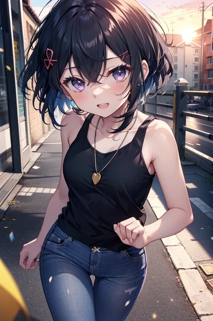 komachihikigaya, komachi hikigaya, short hair, Black Hair, hair ornaments, Ahoge, Hair Clip, x hair ornaments, (Purple eyes:1.1), tooth, happy smile, smile, Open your mouth, black tank top shirt,Locket Necklace,Skinny jeans,Stiletto heels,morning,morning陽,The sun is rising,Walking,whole bodyがイラストに入るように,
break outdoors, Building district,
break looking at viewer,whole body,
break (masterpiece:1.2), Highest quality, High resolution, unity 8k wallpaper, (figure:0.8), (Beautiful attention to detail:1.6), Highly detailed face, Perfect lighting, Highly detailed CG, (Perfect hands, Perfect Anatomy),