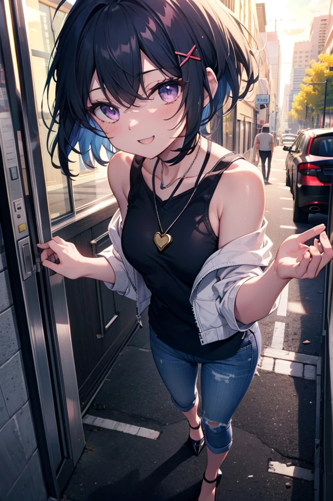 komachihikigaya, komachi hikigaya, short hair, Black Hair, hair ornaments, Ahoge, Hair Clip, x hair ornaments, (Purple eyes:1.1), tooth, happy smile, smile, Open your mouth, black tank top shirt,Locket Necklace,Skinny jeans,Stiletto heels,morning,morning陽,The sun is rising,Walking,whole bodyがイラストに入るように,
break outdoors, Building district,
break looking at viewer,whole body,
break (masterpiece:1.2), Highest quality, High resolution, unity 8k wallpaper, (figure:0.8), (Beautiful attention to detail:1.6), Highly detailed face, Perfect lighting, Highly detailed CG, (Perfect hands, Perfect Anatomy),