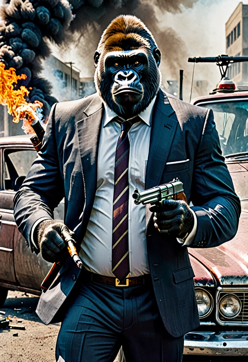 A gorilla in a suit looking evil with an AK-47 in both hands, burning cars behind and smoking a cigarette