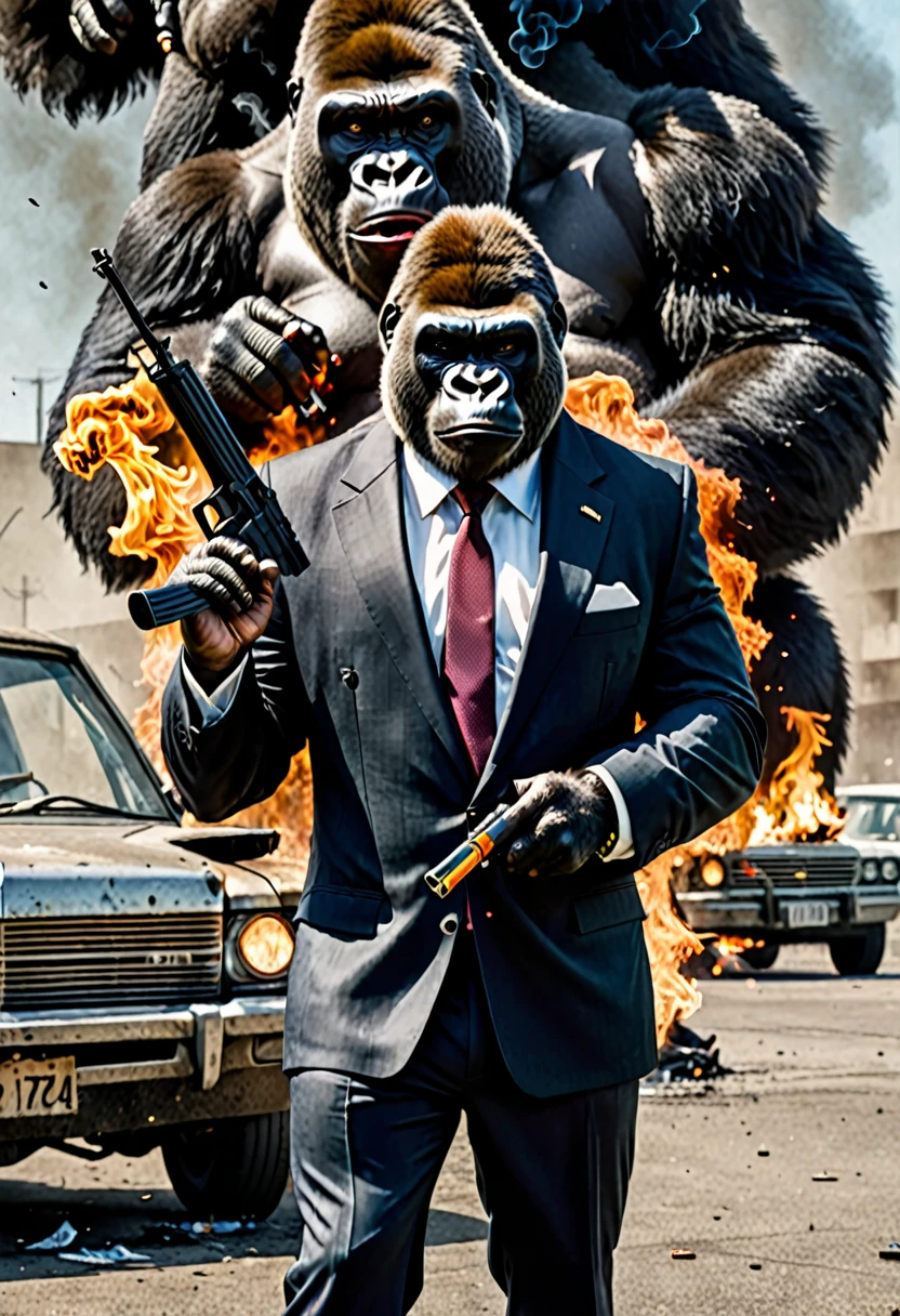 A gorilla in a suit looking evil with an AK-47 in both hands, burning cars behind and smoking a cigarette