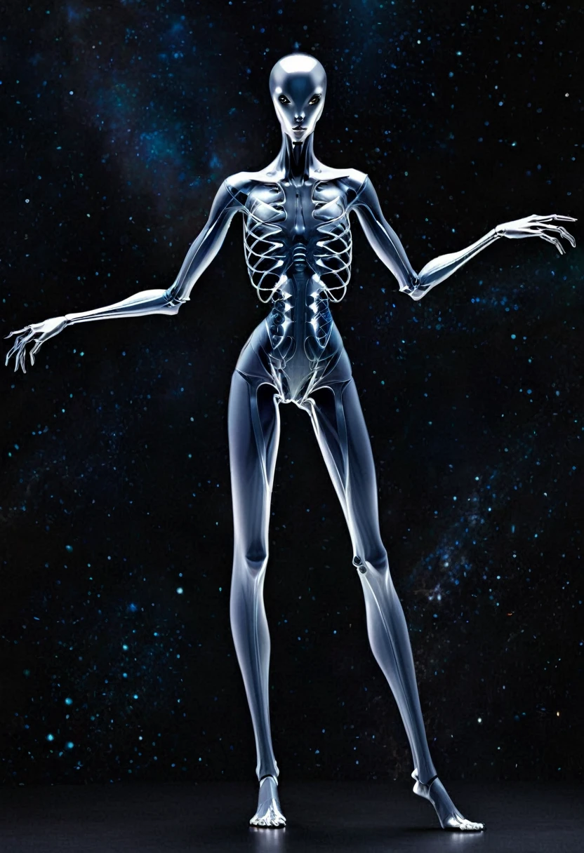 An alien emissary with a thin body and long arms has an intriguing and imposing appearance. His skin is a silvery metallic tone., reflecting light in a soft and mysterious way. The thin body is covered by a series of organic plates that intersperse, providing a combination of flexibility and resistance. His arms, exceptionally long, have additional joints, allowing graceful and precise movements.