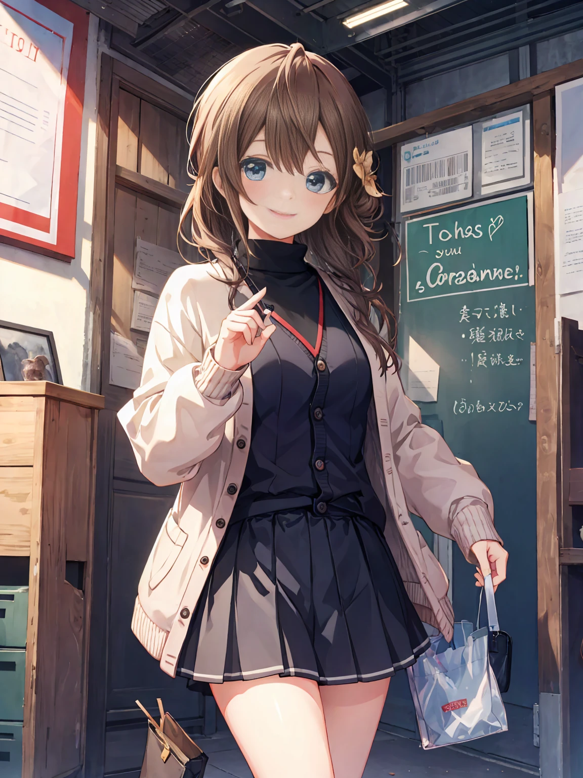 Smile,best Smile,double Peace,cardigan,miniskirt,masterpiece,best quality,ultra detailed,high resolution,extremely detailed CG, (perfect hand),