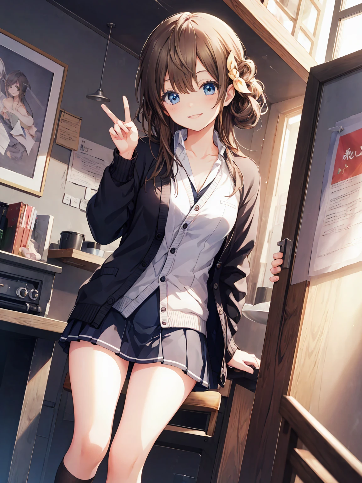 Smile,best Smile,double Peace,cardigan,miniskirt,masterpiece,best quality,ultra detailed,high resolution,extremely detailed CG, (perfect hand),