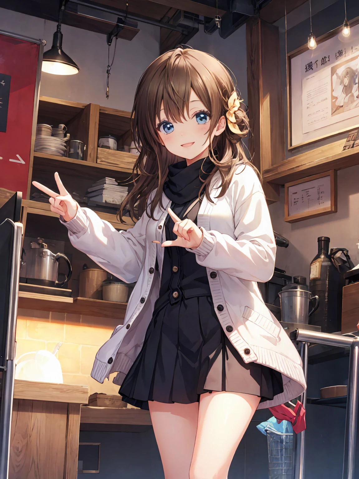 Smile,best Smile,double Peace,cardigan,miniskirt,masterpiece,best quality,ultra detailed,high resolution,extremely detailed CG, (perfect hand),