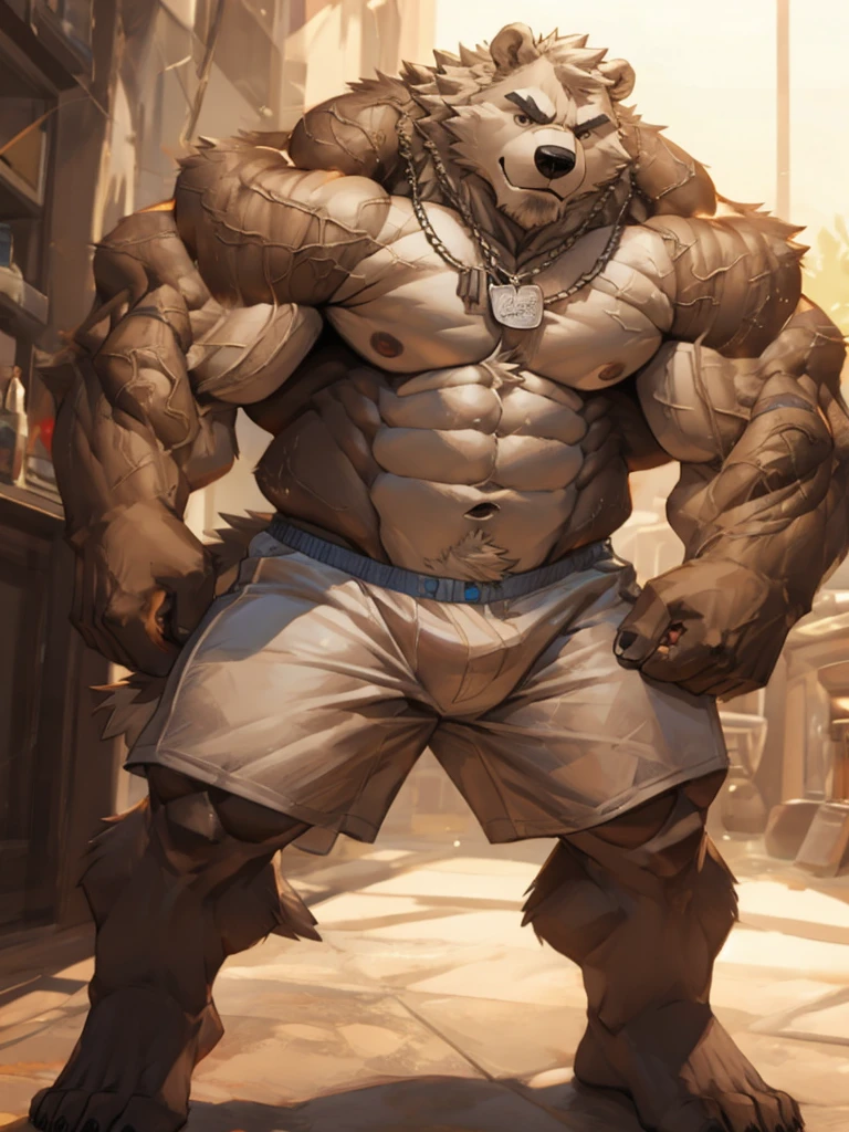  One tall Polar Bear with big muscular body shirtless and topless with light blue shorts and a dog tag on his neck, veiny, flexing