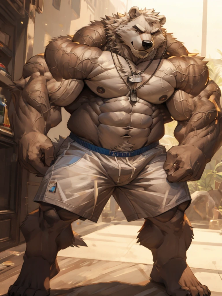One tall Polar Bear with big muscular body shirtless and topless with light blue shorts and a dog tag on his neck, veiny, flexing