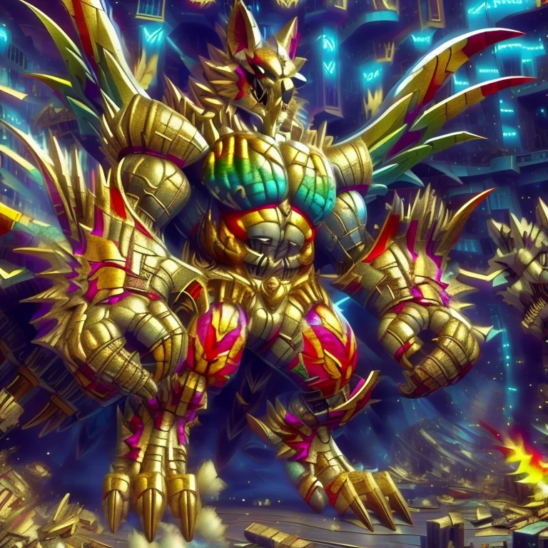 (masterpiece. official art. 8k. best quality. detailed full body. full body.)

(situation 1 : dominating The Phoenix Wolf. The Phoenix Wolf is over 1000 meters long. focus GIANT mechanical Muscular The Phoenix Wolf is trampling the car. Looking down.)

(situation 2 :smoke and flames rising from the destruction in the city)

(Additional details 1: Wearing golden Armor. Cape. Helmet. real texture material. whole body shines like metal. emphasizes the muscles. suit fully made of metal. Robotic suit. no face.).

(Additional details 1.5: The arms are golden. The lower half of the body is golden. The wolf-shaped helmet has sharp fangs. The whole body is golden. The chest area is also golden. There is a ring above the head.).

(Additional details 2: Detailed head. Detailed Body. Detailed abs. gigantic muscles. HYPER MUSCLES. Gigachad Muscular. big muscle. pecs. triceps. traps. unusually developed muscular body. body full of huge muscles. showing off muscles. pectorales enormes. Exaggeratedly huge muscles. huge muscles. long legs.).

(Additional details 3: Spread wings. It has wings. The claws are sharp. Sharp teeth.). He is laughing defiantly. The claws are sharp. Sharp teeth.). 

(Additional details 3.5 : nj5furry,  He is laughing defiantly. medieval armor.). 

(Additional details 4: golden dick, golden cock, golden hyper penis. hyper golden penis. big penis)

Armored Flazzard