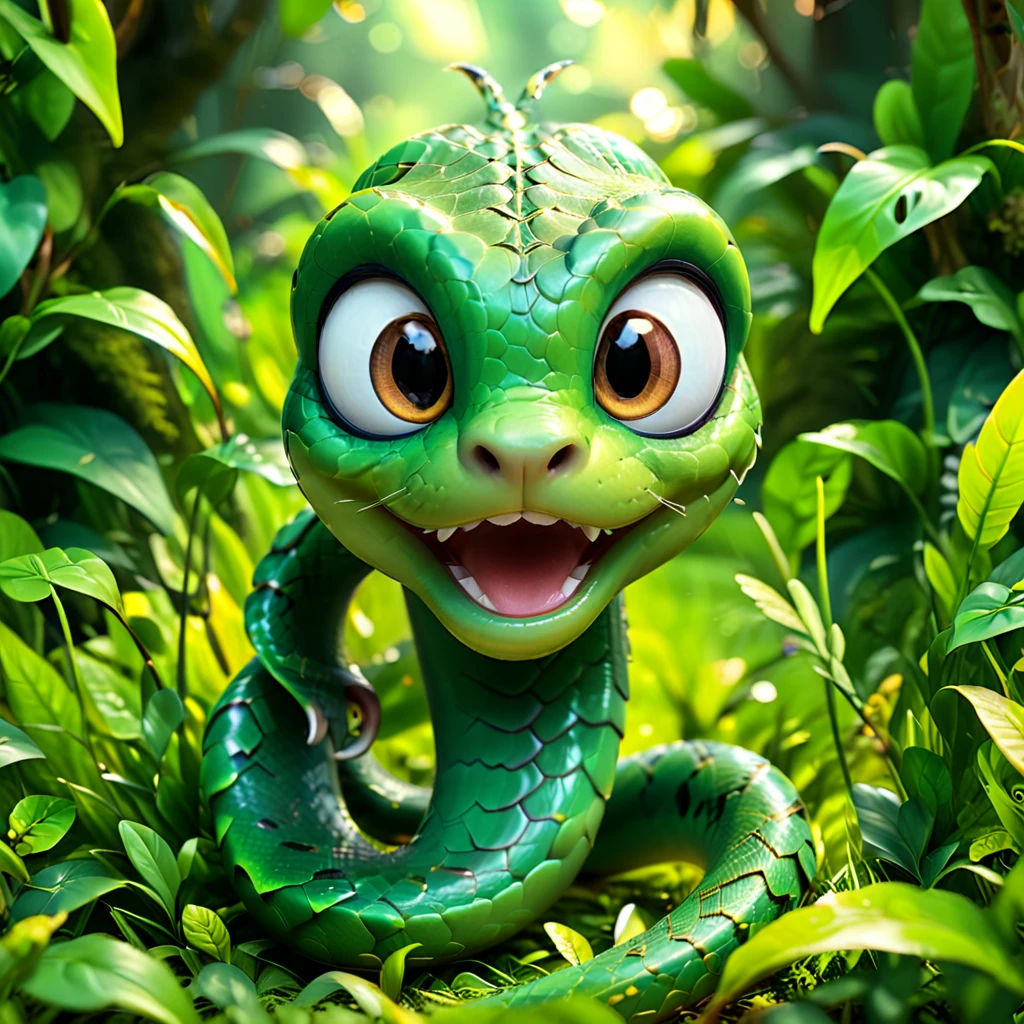 A cute small snake with big eyes, slithering quickly across the grass. It has a playful expression and vibrant green scales, set in a cartoon jungle environment, high resolution, high detail, cinematic light, 3D render, octane rendering, high quality. --ar 1:1 --v 6.0