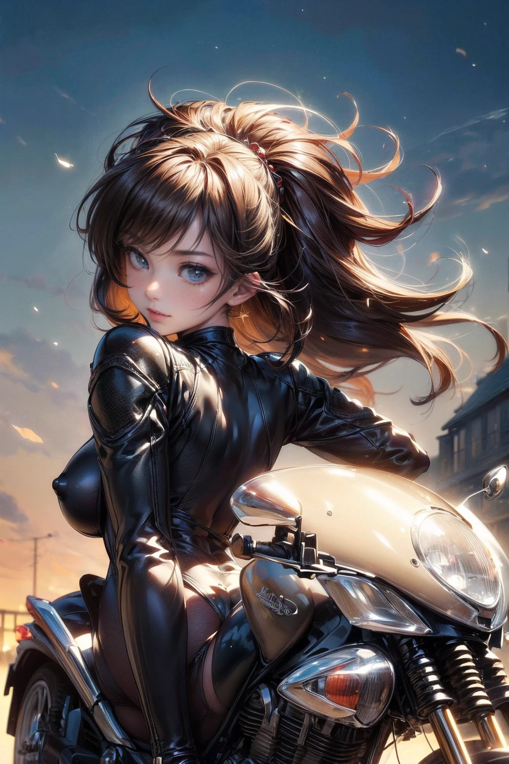 nsfw、(masterpiece, Highest quality, Super detailed:1.3), Perfect composition, 4K, (Very detailed, Super detailed), Patent leather leotard、Long gloves、Knee-high boots, High resolution, 8k Texture, Attention to detail, Very detailed肌の質感, Magnificent details, High Sharpness, One girl, (Fine grain:1.3), (25-year-old woman:1.3),(Riding a big motorcycle)、((Face down on a motorcycle:1.3))、View Viewer、smile、Butt Emphasis、Erect nipples
