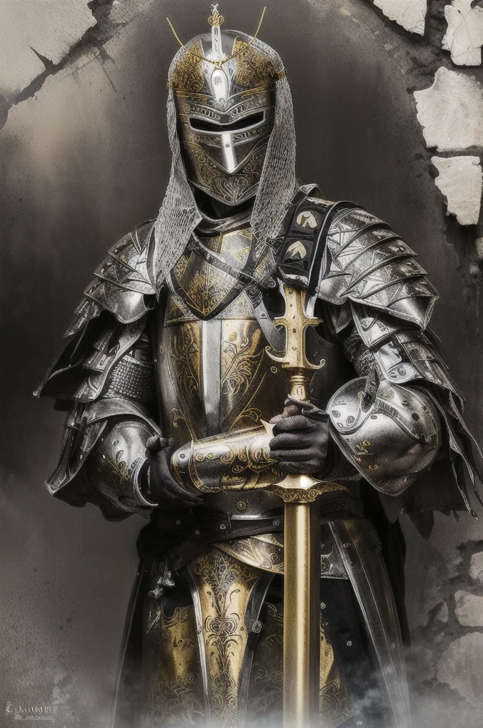 man in armor, using silver metal mask, ornate mask with gold details, crusader armor, black main color armor, gold and silver secondary colors, female medieval knight, medieval warrior, gentleman portrait, Lt. Tadeusz Pruszkówski, Lt. Ludwik Konarzewski, Fully clad in armor, Medieval crusader saint, by Roman Bezpalkiv, Lt. Eugeniusz Zak