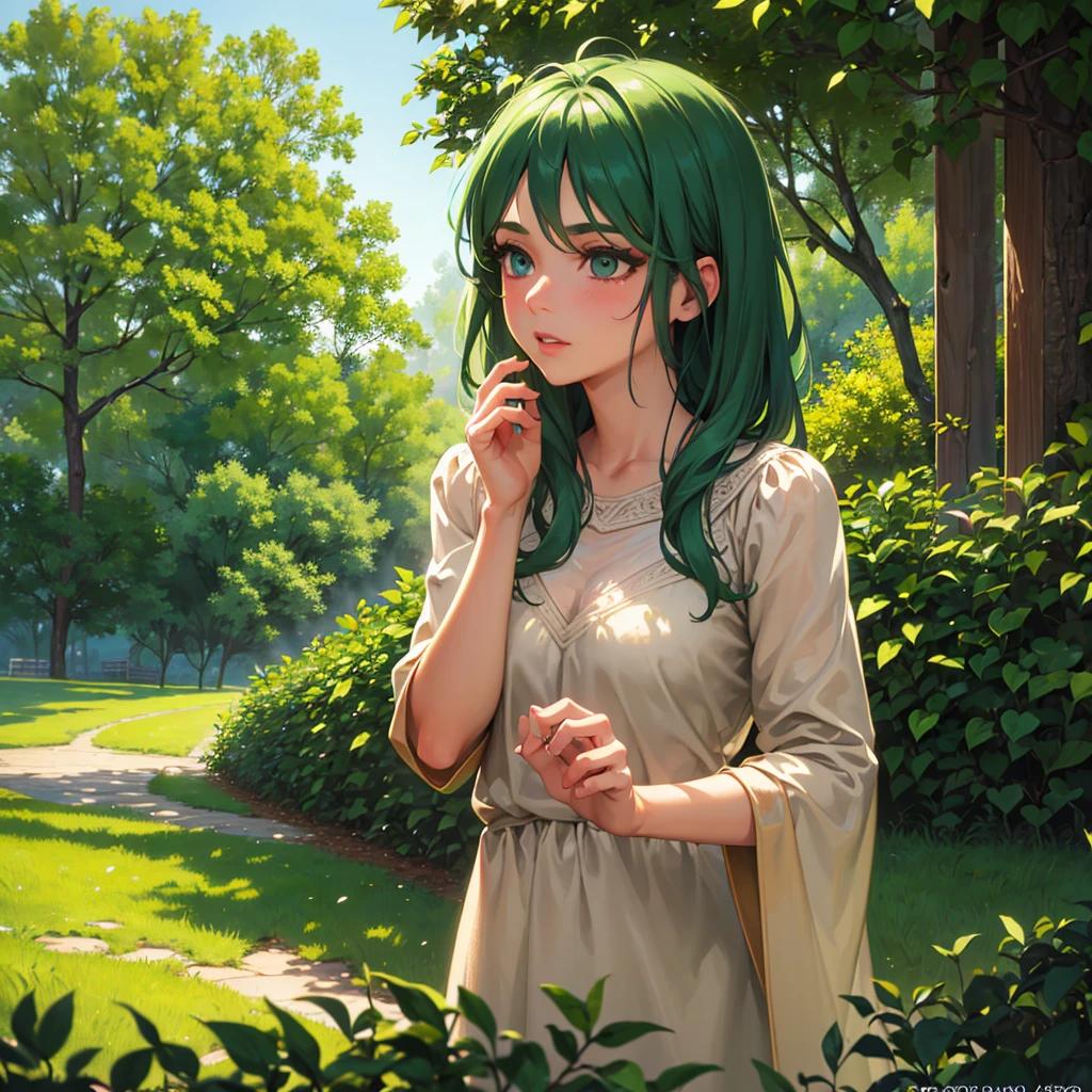 1girl, rustic girl, detailed face, green hair, eyes brown, beautiful eyes, elegant, long eyelashes, detailed lips, detailed nose, detailed skin, natural outdoor setting, natural lighting, warm color tones, cinematic composition, photorealistic, high resolution, 8k, best quality, masterpiece