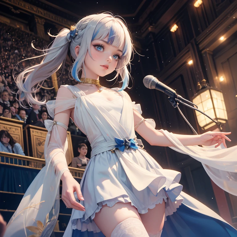 1girl, long hair, long flowing hair, floating hair, ornament hair, perfectly body, perfectly hands, rose on hair, white rose on hair, 1 girl, Looking at the audience, flowing hair, Beautiful Eyes, Plump and glossy lips, Idol, dress with too many frills, white dress, blue laces, white Short skirt, , small skirt, skirt with layers, Drape clothes, blue gem, Lace trim, bright stage, luxury gold details, gold jewelry, more details, best quality, Big sparkling eyes, blushing, Striped Lace Stockings, white ****ta skirt, sparkle, solo, centered girl, cowboy shot, perfectly body, perfectly hands, two arms, two legs, two hands, five fingers, perfect anatomy, glowing hair, white roses, on the stage, sparkles, more details on her clothes, dress with transparency, golden details on her dress, night, holding a microphone, ((4k, masterpiece, top-quality)), 8k, best quality, high resolution, UHD, (illustration:0.8), super cute girl, delicate and beautiful face, mature girl, super cute hairstyle, (beautiful detailed eyes:1.6), extremely detailed face, perfect lighting, extremely detailed CG, (perfect hands, perfect anatomy), Best quality, cleavage