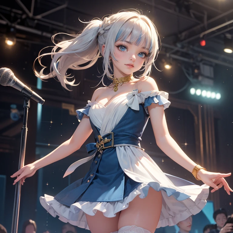 1girl, long hair, long flowing hair, floating hair, ornament hair, perfectly body, perfectly hands, rose on hair, white rose on hair, 1 girl, Looking at the audience, flowing hair, Beautiful Eyes, Plump and glossy lips, Idol, dress with too many frills, white dress, blue laces, white Short skirt, , small skirt, skirt with layers, Drape clothes, blue gem, Lace trim, bright stage, luxury gold details, gold jewelry, more details, best quality, Big sparkling eyes, blushing, Striped Lace Stockings, white ****ta skirt, sparkle, solo, centered girl, cowboy shot, perfectly body, perfectly hands, two arms, two legs, two hands, five fingers, perfect anatomy, glowing hair, white roses, on the stage, sparkles, more details on her clothes, dress with transparency, golden details on her dress, night, holding a microphone, ((4k, masterpiece, top-quality)), 8k, best quality, high resolution, UHD, (illustration:0.8), super cute girl, delicate and beautiful face, mature girl, super cute hairstyle, (beautiful detailed eyes:1.6), extremely detailed face, perfect lighting, extremely detailed CG, (perfect hands, perfect anatomy), Best quality, cleavage