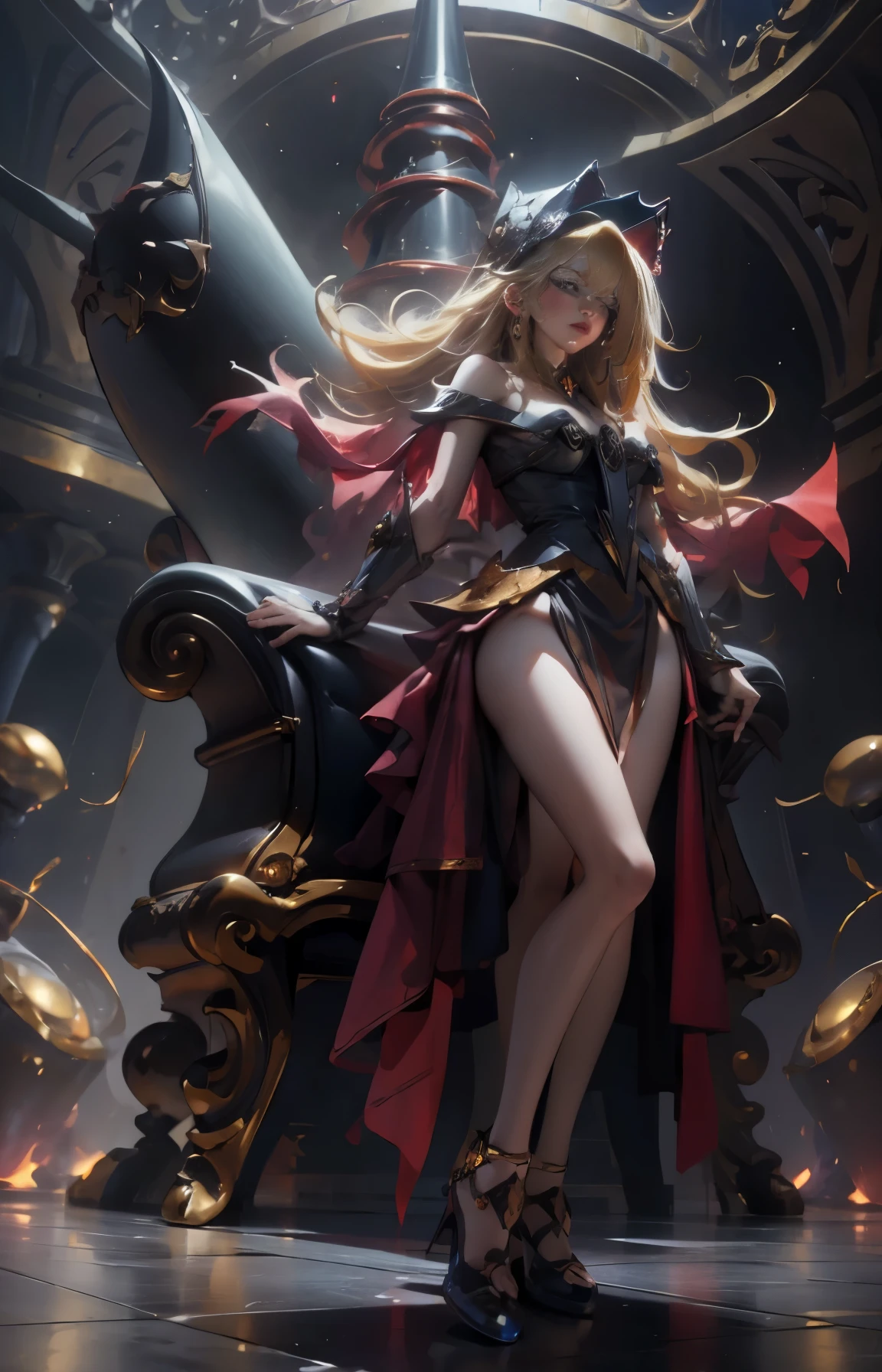 Dark magician gils with black gala dress. She wears red heels, has earrings. Wear necklaces.  Long blonde hair. blue eyes. Red lips. Sensual and subjective pose. She standing next to a golden throne.