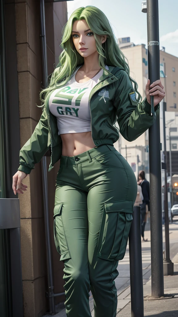 Tall stature, long, wavy green hair. Bright and expressive light blue eyes. Slim and athletic silhouette. She was wearing cargo pants, a printed t-shirt and a waterproof jacket, big ass, big hip. Busty