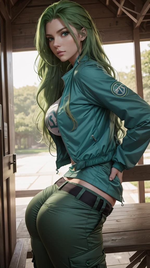 Tall stature, long, wavy green hair.  Bright and expressive light blue eyes.  Slim and athletic silhouette.  She was wearing cargo pants, a printed t-shirt and a waterproof jacket, big ass, big hip. Busty