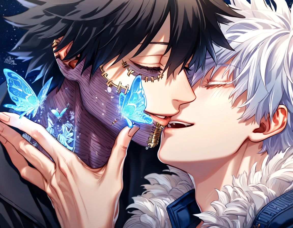 absurdres, highres, ultra detailed, HDR, master piece, best quality, extremely detailed face, delicated features, Dabi, black hair, closed eyes, Boku No Hero Academia, Gojou Satoru, white hair, closed eyes, white eyelashes, two sexy men kissing, yaoi, gay couple, handsome, smiling, blue jacket with fur, black coat, fantasy, magical, ice, blue fire, ice butterflies, snowflakes, starry night