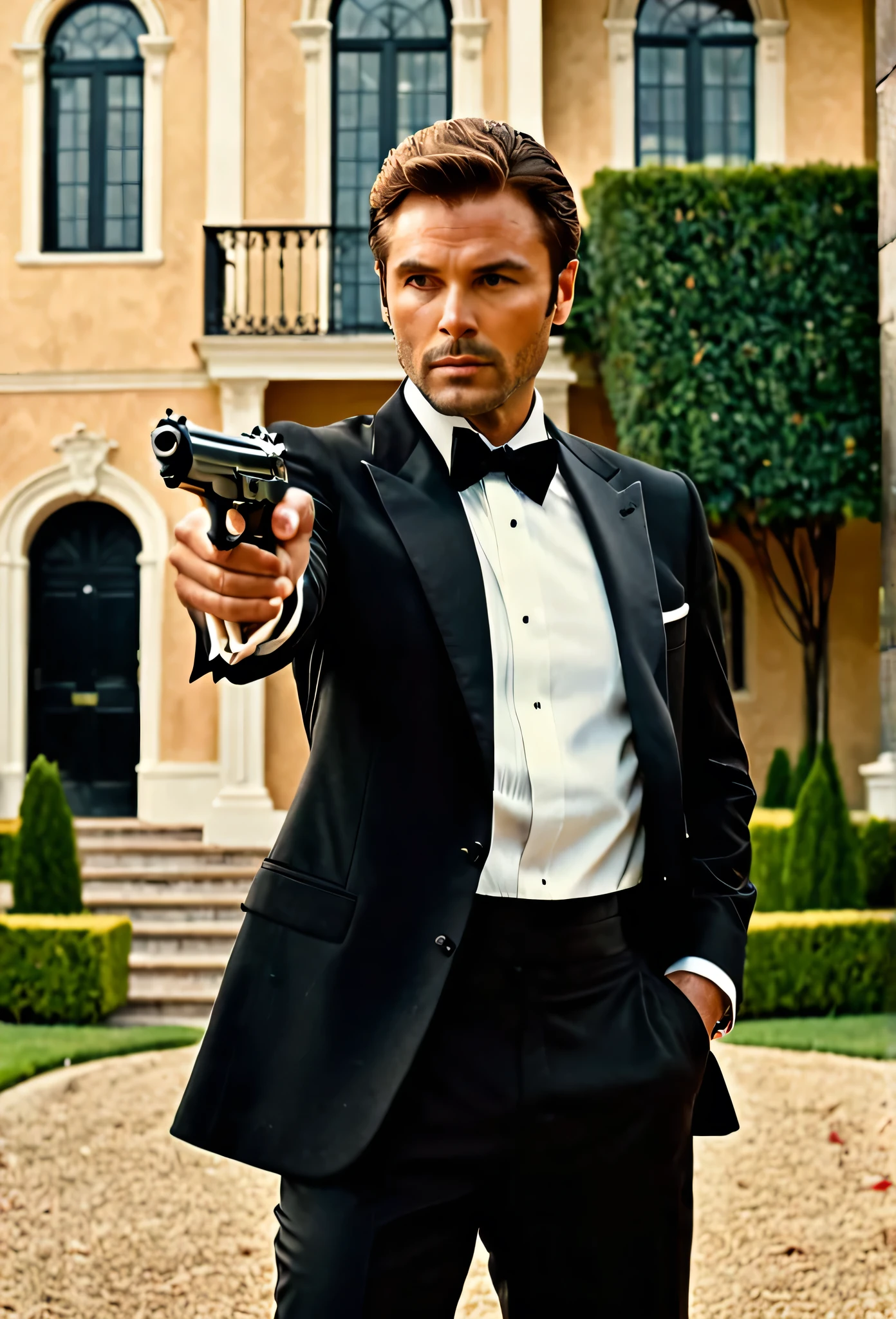 (masterpiece), (best quality), (hires), 1man, male focus, solo, solo focus, hispanic, perfect hands, (holding pistol with one hand, Beretta 92FS), hand in pocket, brown hair, hazel eyes, tuxedo, black tuxedo, danger atmosphere, mansion backdrop, combed-back hair, white shirt, black pants, dress shoes, matching shoes. outdoors, looking away.