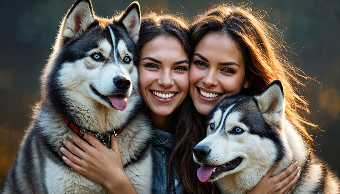 half body,
a woman smile with her best friend her Husky Siberiano,
dark complex background, style by Thomas Kinkade+David A. Hardy+Carne Griffiths+Mandy Disher half vivid colors fine art, best quality, high detailed, detailed faces, 2d,