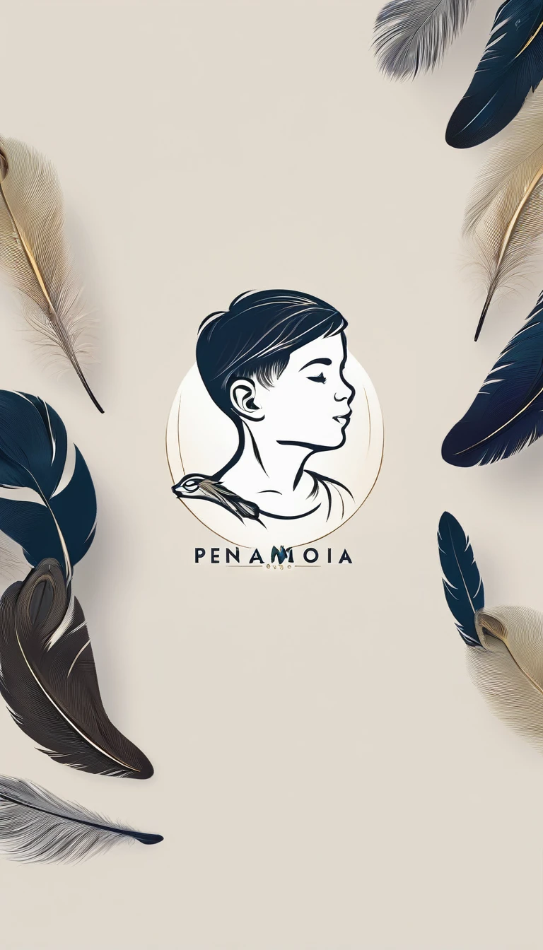 Create a minimal, modern, simple, inspirational, memorable, dream like logo design of a boy and a feather for the brand “Penamemoria".