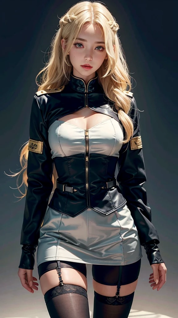 realistic, High resolution, soft light,1 female, alone, hip up, glowing skin, (detailed face),tattoo, jewelry, Bizarre uniform, black stockings, garter belt, night, blonde hair, wavy hair, Beautiful Soldier, Eyes that invite the viewer, lover&#39;s perspective, an inviting look, sexy smile, perfect style, perfect balance, fine skin, naughty look, I can see your chest