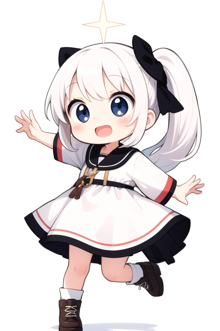 chibi, flat color, solo, full body, cute, (highest quality), white eye, long hair, white hair, white clothes, side ponytail, Beam with laughter, open mouth, white background, (masterpiece)