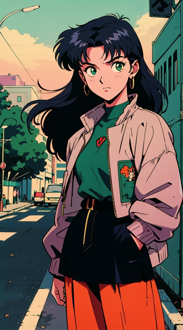 Best image quality, 90s style anime, 21 year old girl, Misato Katsuragi Style, Black Hair, Long Hair, Bright green eyes, Wear 90s fashion clothes , Busy Street, 90s Street 