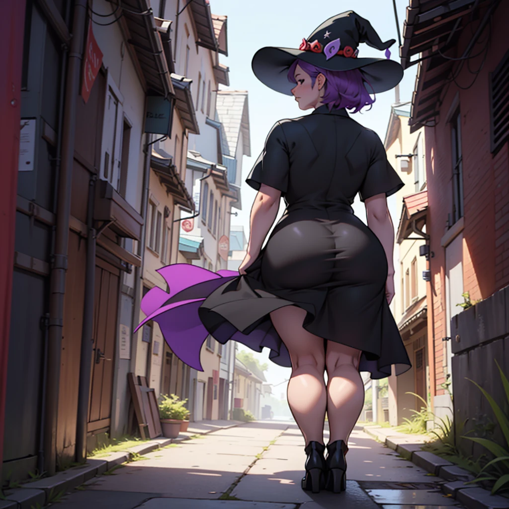 older woman in her 30s, with short purple hair and a tall, curvy body, view from behind, standing backwards, breasts big, in this, (work of art, best qualityer:1.2) wearing the legendary great black dress of the mystical sorceress, Big witch hat, standing alone, alone