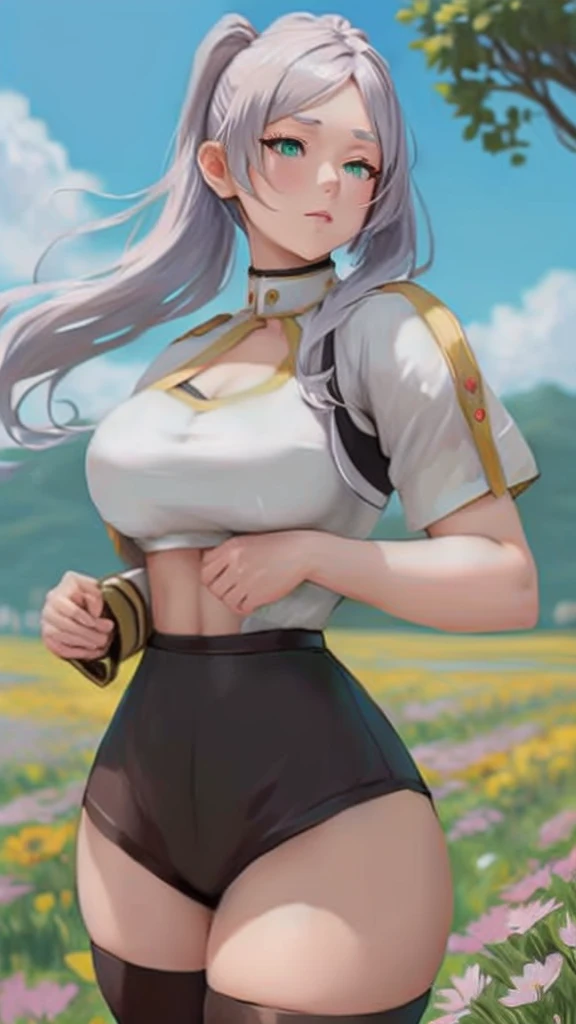 anime girl in a field of flowers with a butterfly in her hand, cushart krenz arte chave feminino, thick, from the azur lane videogame, tifa lockhart with white hair, strongest pose, , azur lane style, soft anime cg art, cottagecore!! Corpo Fitness, highly detailed exquisite fanart