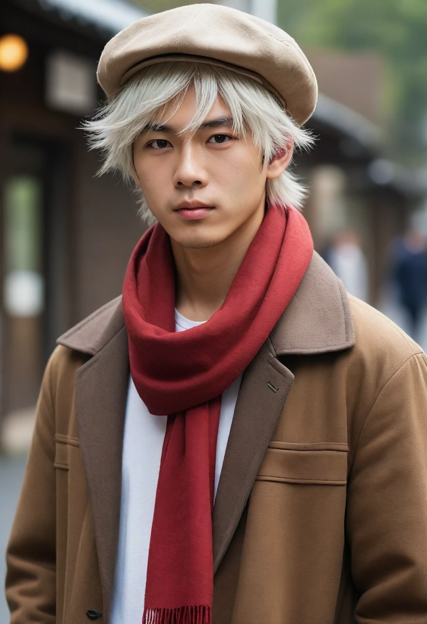 1man, perfect face, Young Japanese man wearing a red scarf and a somewhat old and worn brown jacket with fedoras hat, best quality ,masterpiece, illustration, extremely detailed ,CG ,unity ,8k wallpaper, Amazing, finely detail, masterpiece,best quality,official art,extremely detailed CG unity 8k wallpaper,absurdres, incredibly absurdres, huge filesize, ultra-detailed, highres, extremely detailed, messy hair, japanese boy, japan young man, completely white t-shirt, battered red scarf, ryoma nagare, cream coat, white hair, 18yo, 18 years old, age 18, hedoras hat, white hair with fedoras hat