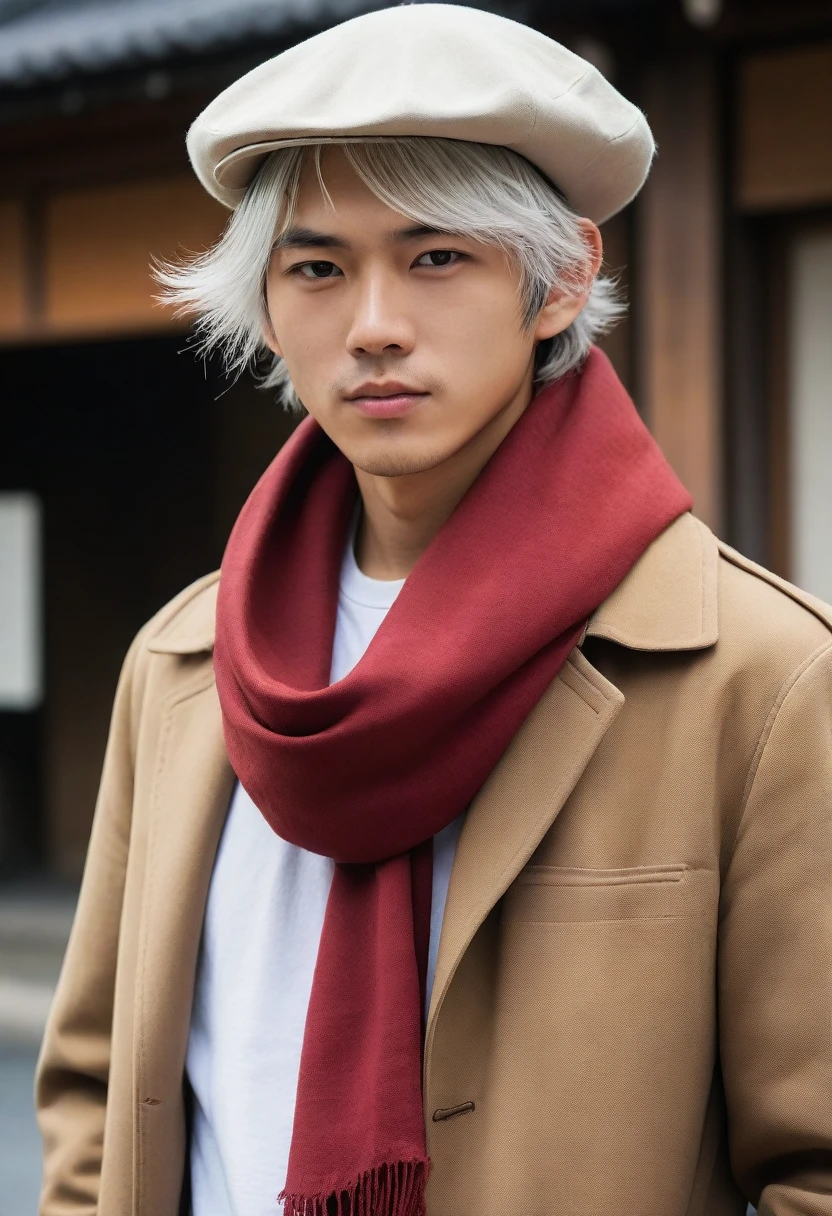 1man, perfect face, Young Japanese man wearing a red scarf and a somewhat old and worn brown jacket with fedoras hat, best quality ,masterpiece, illustration, extremely detailed ,CG ,unity ,8k wallpaper, Amazing, finely detail, masterpiece,best quality,official art,extremely detailed CG unity 8k wallpaper,absurdres, incredibly absurdres, huge filesize, ultra-detailed, highres, extremely detailed, messy hair, japanese boy, japan young man, completely white t-shirt, battered red scarf, ryoma nagare, cream coat, white hair, 18yo, 18 years old, age 18, hedoras hat, white hair with fedoras hat
