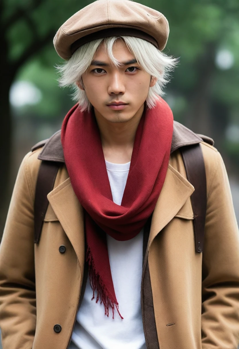 1man, perfect face, Young Japanese man wearing a red scarf and a somewhat old and worn brown jacket with fedoras hat, best quality ,masterpiece, illustration, extremely detailed ,CG ,unity ,8k wallpaper, Amazing, finely detail, masterpiece,best quality,official art,extremely detailed CG unity 8k wallpaper,absurdres, incredibly absurdres, huge filesize, ultra-detailed, highres, extremely detailed, messy hair, japanese boy, japan young man, completely white t-shirt, battered red scarf, ryoma nagare, cream coat, white hair, 18yo, 18 years old, age 18, hedoras hat, white hair with fedoras hat