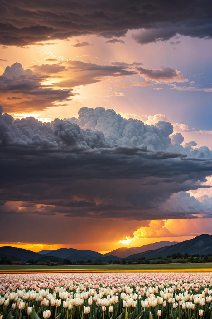 A landscape where the sky looks like the flames of hell, gray clouds and lightning, the bright sun with warm hues that settles in a beautiful valley of white tulips