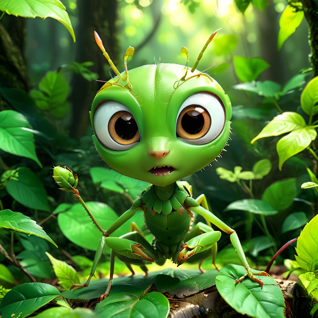 A cute mantis with big eyes, catching insects with its sharp claws. It has an adorable green body and sits on a leaf in a cartoon forest background, high resolution, high detail, cinematic light, 3D render, octane rendering, high quality. --ar 1:1 --v 6.0