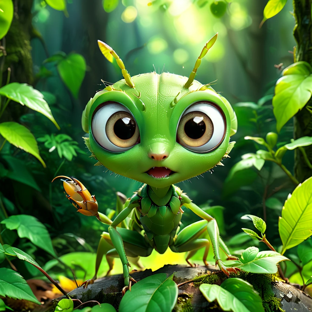 A cute mantis with big eyes, catching insects with its sharp claws. It has an adorable green body and sits on a leaf in a cartoon forest background, high resolution, high detail, cinematic light, 3D render, octane rendering, high quality. --ar 1:1 --v 6.0