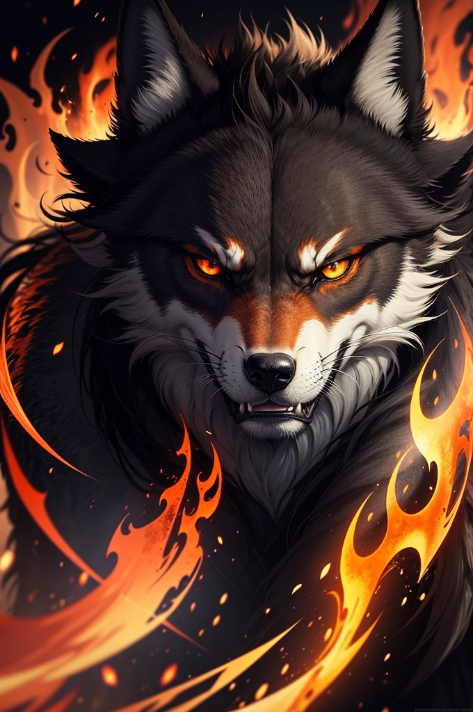 a fire wolf with high detail, fire eyes, angry expression, background fire effect, black background