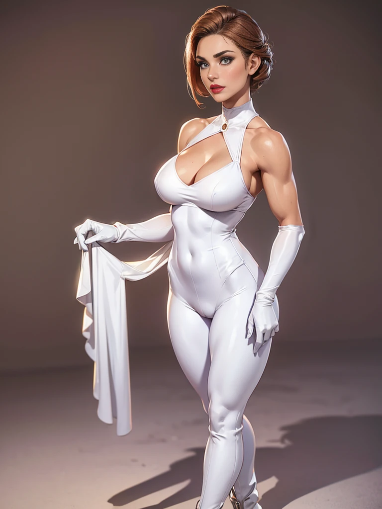 ((best quality)), ((4k)), ((highres)), ((masterpiece:1.2)). ((detailed)), ((ultra realistic)), ((intricate details)), ((full body picture)), ((character design sheet)), ((blank background)), ((standing in a blank background)), a full body shot of a beautiful european female, polish woman, polish beauty, ((emphasis on her fair skin complexion)), ((hazel hair)), pixie haircut, perfect face, gorgeous face, ((vivid hazel eyes)) detailed eyes, detailed lips, ((red lips)), about 5'10 tall, about 25 years old, medium-sized breasts, c cup breasts, athletic body, muscular arms, muscular and feminine, she's dressed in a sleeveless purple jumpsuit with high neck, ((high neck)), ((no cleavage)), white gold boots and white gold gloves, ((white gold boots)), ((white gold gloves))