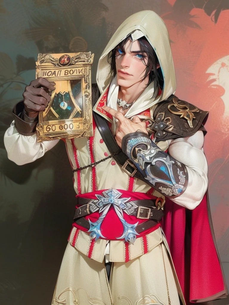 elf, elf ears, Caucasian skin，Best quality at best，Dadalya（Impacto Genshin , wearing no shirt，Bowed muscleulging of the pectoral muscle，Aboco masculino，1st grade，blue colored eyes，White Glove，standing alone，Black hair，blue and red eyes，hair between the eyes，（（protruding crotch）），sexly,(master part, best quality),（wearing no shirt, breastplate），self-insurance，having a good time，expression serious