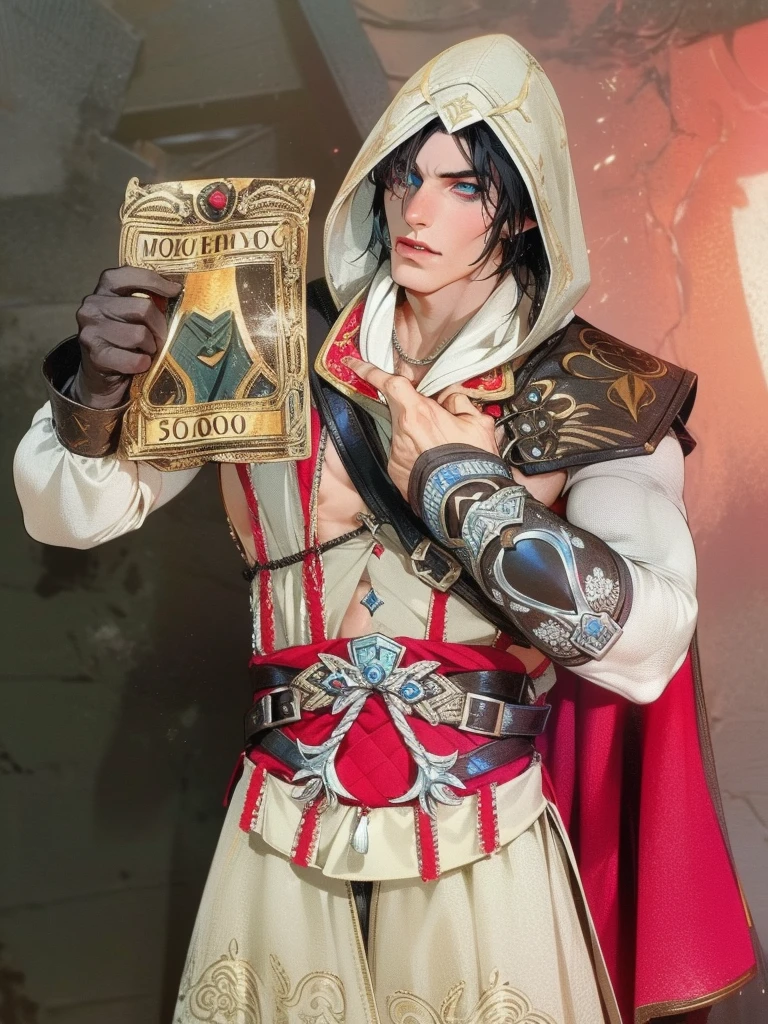 elf, elf ears, Caucasian skin,Best quality at best,Dadalya(Impacto Genshin , wearing no shirt,Bowed muscleulging of the pectoral muscle,Aboco masculino,1st grade,blue colored eyes,White Glove,standing alone,Black hair,blue and red eyes,hair between the eyes,((protruding crotch)),sexly,(master part, best quality),(wearing no shirt, breastplate),self-insurance,having a good time,expression serious