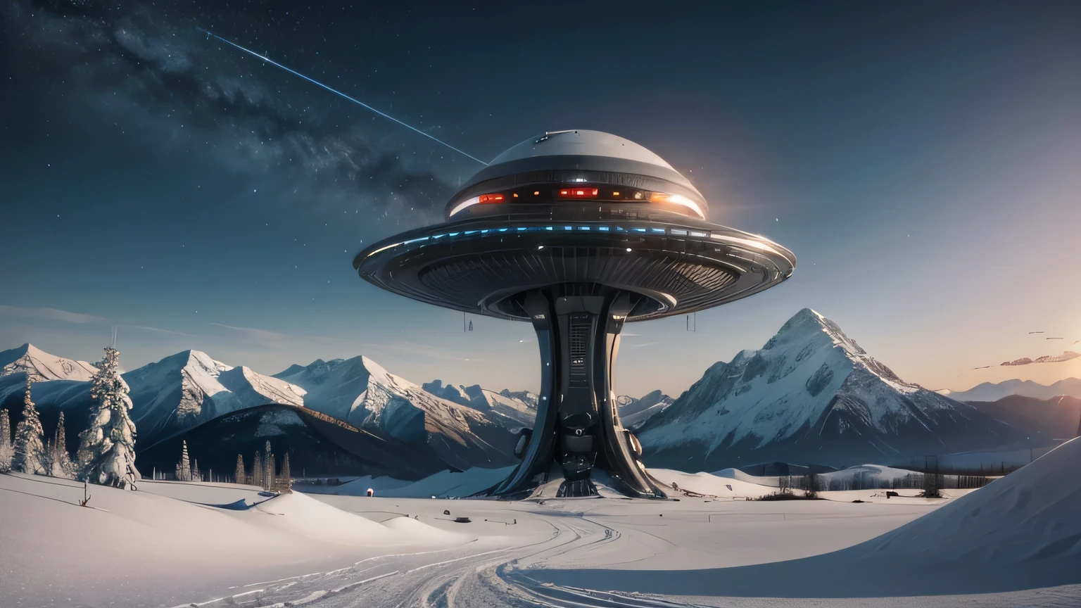 realistic photo on an extraterrestrial planet, natta, mountains with snow, antennas transmitting electromagnetic waves, another extraterrestrial planet on the horizon and a futuristic spaceship in orbit.