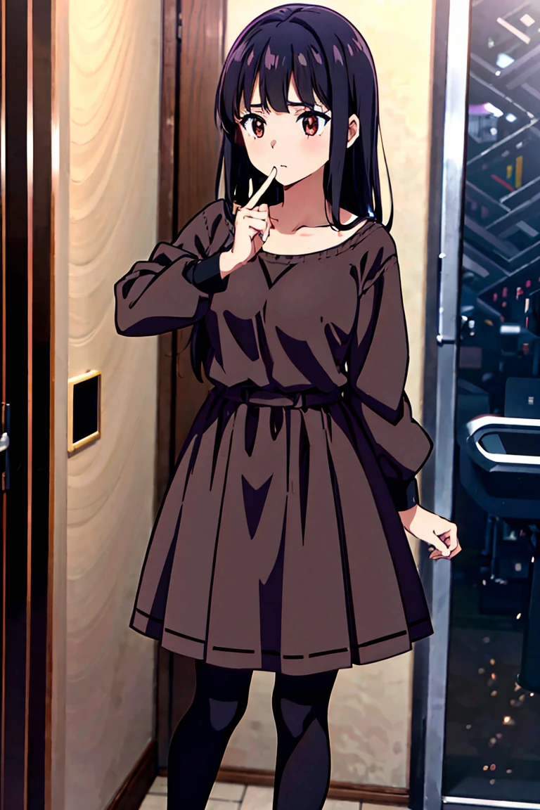 Anime girl, she is a beautiful, and charming young girl with fluffy collarbone-length black hair that has bangs hanging over her forehead and big brown eyes.
She is usually seen in her uniform, which is a long-sleeved white sweater with a blue collar, a short purple plaid skirt, brown shoes and black tights. She wears long dresses and makeup when she's going out with someone. Sarah seemed somewhat short for her age, as evidenced by the fact that her sleeves reach to her fingertips
