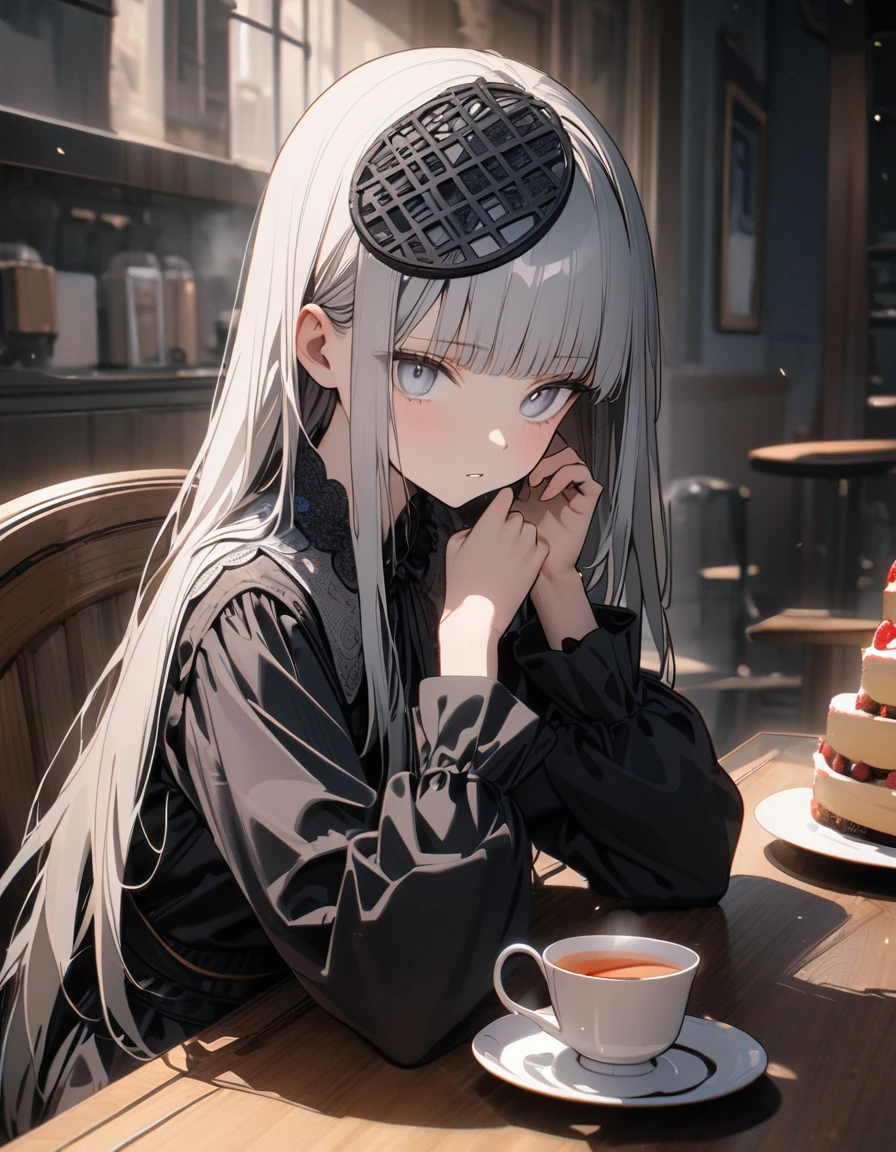 (8K, best quality, master piece: 1.2), super high resolution,1 girl,独奏,16yo,ultra-detailed face,detailed eyes,silver eyes,blunt bangs,silver hair,Straight Hair,Long Hair,long sleeve petal collar blouse,black Fascinator,Tiered skirt,expressionless,parted lips,Rim Light,Sitting in a chair,A cake and a cup of tea on the table,cafe