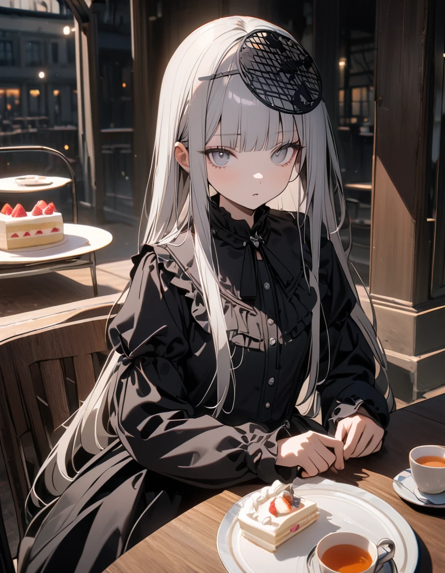 (8K, best quality, master piece: 1.2), super high resolution,1 girl,独奏,,ultra-detailed face,detailed eyes,silver eyes,blunt bangs,silver hair,Straight Hair,Long Hair,long sleeve petal collar blouse,black Fascinator,Tiered skirt,expressionless,parted lips,Rim Light,Sitting in a chair,A cake and a cup of tea on the table,cafe
